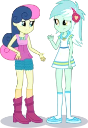 Size: 1964x2845 | Tagged: safe, artist:phucknuckl, derpibooru import, edit, vector edit, bon bon, lyra heartstrings, sweetie drops, equestria girls, accessories, belt, boots, bow, bowtie, closed mouth, clothes, clothes swap, cutie mark, cutie mark clothes, dress, female, headband, jewelry, looking at each other, necklace, pants, pocket, shadow, shirt, shoes, shorts, simple background, socks, standing, standing up, top, transparent background, vector, woman