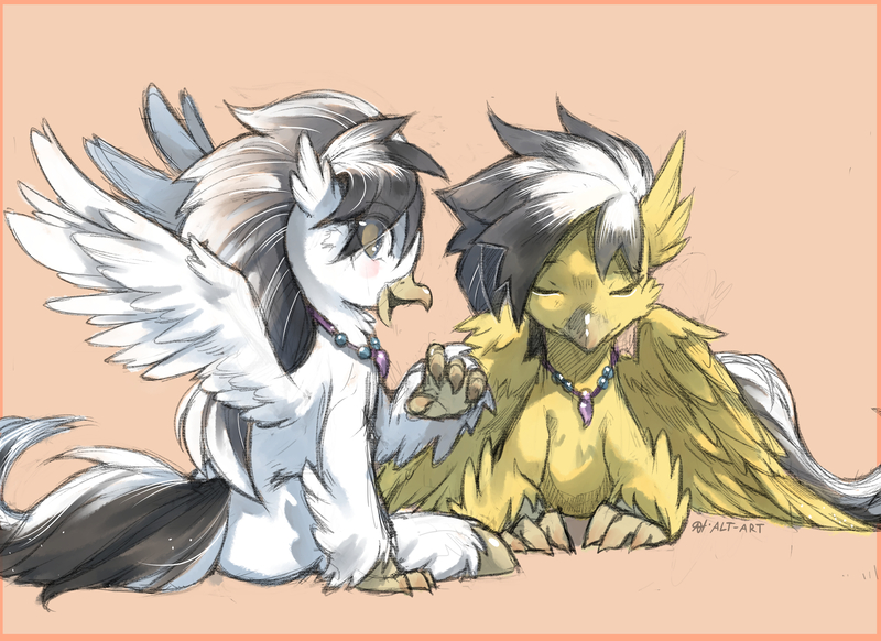 Size: 4400x3200 | Tagged: artist:alts-art, brother and sister, colored hooves, derpibooru import, duo, female, hippogriff, hippogriff oc, male, oc, oc:ivory squall, oc:mellow breeze, safe, siblings, unofficial characters only, unshorn fetlocks