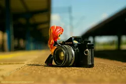 Size: 6016x4012 | Tagged: safe, artist:artofmagicpoland, derpibooru import, sunset shimmer, equestria girls, 35mm camera, cute, doll, equestria girls minis, eqventures of the minis, olympus, pushing, solo, toy