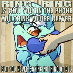 Size: 640x635 | Tagged: artist:witchtaunter, caption, chest fluff, cute, derpibooru import, edit, editor:undeadponysoldier, human, image macro, lyrabetes, lyra heartstrings, lyrics, meme, mika, open mouth, phone, ponified animal photo, ring ring, safe, song reference, text, yes this is dog