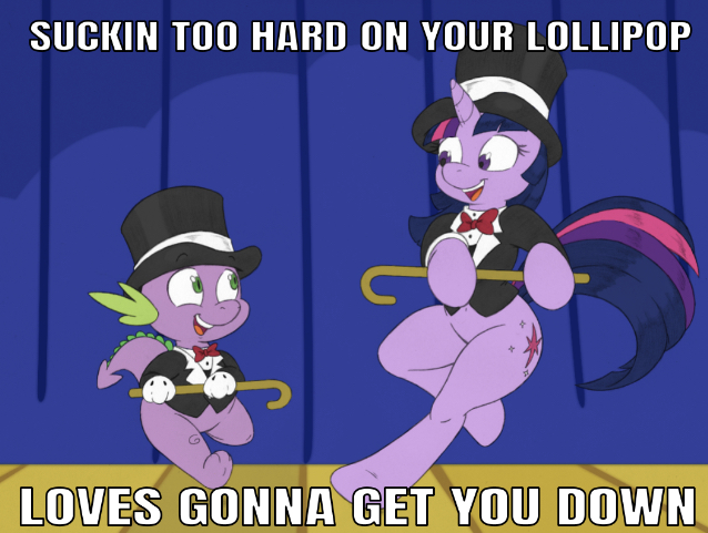 Size: 638x481 | Tagged: safe, artist:joey darkmeat, artist:shawnyall, derpibooru import, edit, editor:undeadponysoldier, spike, twilight sparkle, dragon, pony, unicorn, cane, clothes, cute, dancing, duet, female, gloves, happy, hat, lollipop (song), lyrics, male, mare, mika, song reference, text, top hat, tuxedo, unicorn twilight