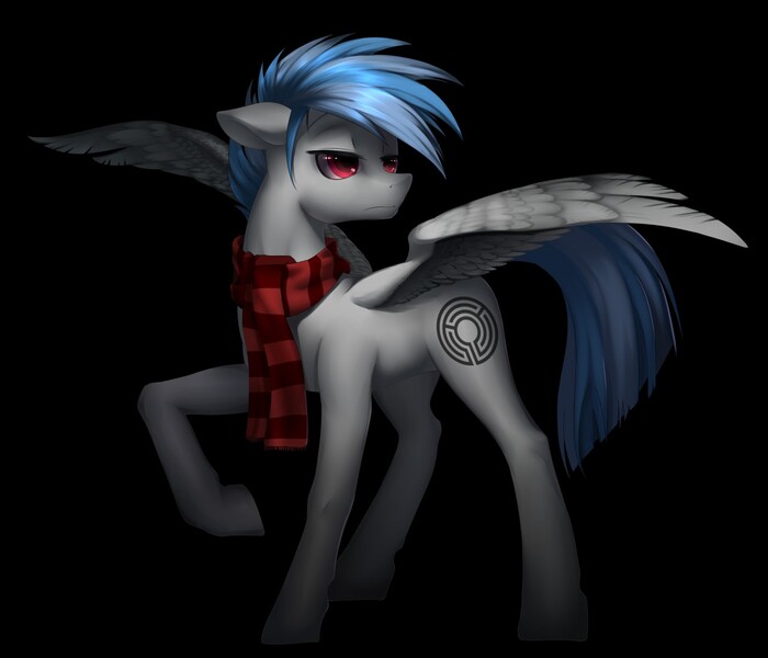 Size: 1280x1097 | Tagged: safe, artist:miluo, derpibooru import, oc, oc:maze, unofficial characters only, pegasus, pony, black background, clothes, cutie mark, gray, illustration, male, ponysona, red eyes, scarf, simple background, solo, stallion
