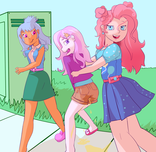 Size: 1920x1872 | Tagged: questionable, artist:lawrence alpaca, derpibooru import, fleur-de-lis, frosty orange, pinkie pie, equestria girls, equestria girls series, five lines you need to stand in, spoiler:eqg series (season 2), accident, background human, clothes, desperation, fetish, need to pee, omorashi, pissing, pissing on self, potty emergency, potty time, scene interpretation, shorts, urine, watersports, wetting