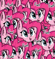 Size: 2055x2193 | Tagged: safe, artist:artiks, derpibooru import, pinkie pie, earth pony, pony, too many pinkie pies, chanting, cheek fluff, chest fluff, clone, copy and paste, cute, dialogue, diapinkes, ear fluff, female, fun, fun fun fun, image, mare, multeity, pinkie clone, png, solo, too much pink energy is dangerous, xk-class end-of-the-world scenario