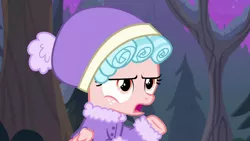 Size: 1920x1080 | Tagged: safe, derpibooru import, screencap, cozy glow, pegasus, pony, frenemies (episode), clothes, cozy glow is not amused, female, filly, foal, forest, hat, solo, winter outfit