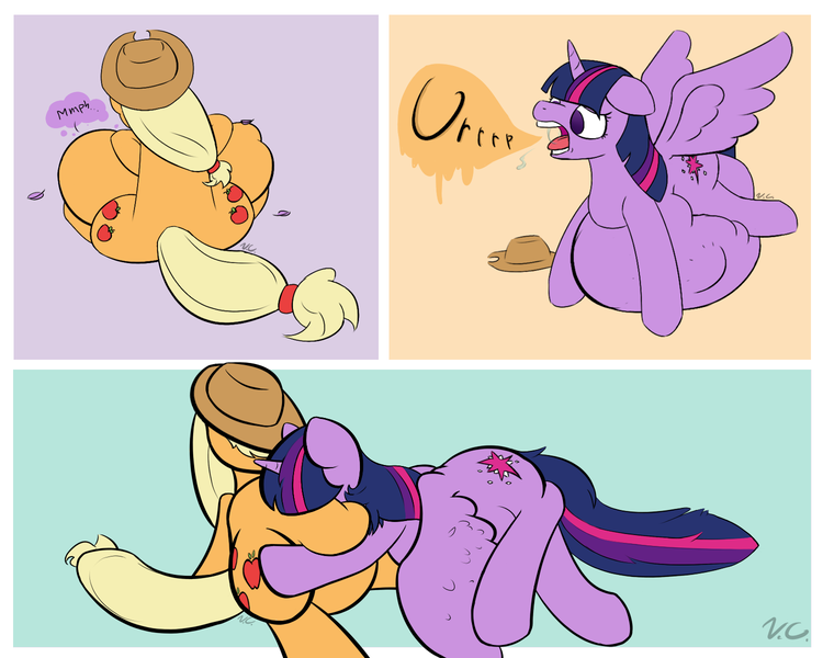 Size: 1500x1200 | Tagged: questionable, artist:voraciouscutie, derpibooru import, applejack, twilight sparkle, twilight sparkle (alicorn), alicorn, pony, belly, big belly, burp, comic, cute, digestion, female, fetish, huge belly, impossibly large belly, lesbian, predajack, preyjack, preylight, shipping, squishy, twijack, twipred, vore, vore day, weight gain