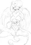 Size: 2196x3174 | Tagged: explicit, artist:zemer, derpibooru import, oc, oc:feather belle, anthro, pegasus, pony, anthro on pony action, anus, breasts, chest fluff, cleavage fluff, fluffy, hair tie, interspecies, kneeling, looking down, monochrome, nudity, on back, pencil drawing, self ponidox, spread legs, spreading, traditional art, vulva, wings