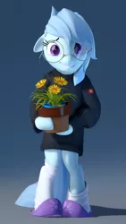 Size: 1440x2560 | Tagged: safe, artist:rexyseven, derpibooru import, oc, oc:whispy slippers, unofficial characters only, earth pony, pony, 3d, bipedal, clothes, cute, female, floppy ears, flower, flower pot, glasses, gradient background, grin, holding, looking at you, mare, nervous, nervous grin, potted plant, smiling, socks, solo, sweater