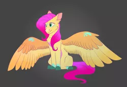 Size: 3800x2600 | Tagged: safe, artist:glitterstar2000, derpibooru import, fluttershy, pegasus, pony, cheek fluff, chest fluff, colored belly, colored fetlocks, colored hooves, colored wings, ear fluff, female, gradient background, head tilt, mare, shoulder feathers, sitting, snip (coat marking), solo, spread wings, three quarter view, wings