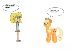 Size: 1756x1204 | Tagged: safe, artist:theawesomeguy98201, derpibooru import, applejack, earth pony, human, pony, crossover, female, lori loud, mare, misspelling, simple background, text bubbles, the loud house, white background