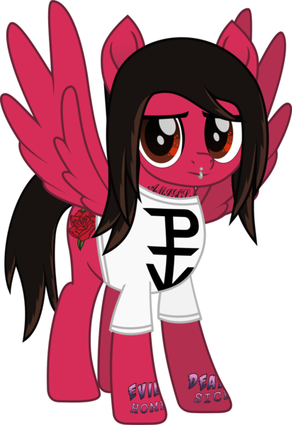 Size: 841x1224 | Tagged: safe, artist:lightningbolt, derpibooru import, ponified, pegasus, pony, .svg available, clothes, lidded eyes, lip piercing, looking at you, male, mike fuentes, movie accurate, pierce the veil, piercing, shirt, simple background, solo, spread wings, stallion, svg, t-shirt, tattoo, transparent background, vector, wings