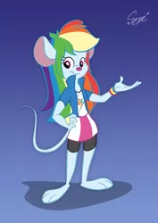 Size: 2480x3508 | Tagged: safe, artist:martonszucsstudio, derpibooru import, rainbow dash, anthro, mouse, equestria girls, female, gradient background, high res, mousified, rainbow mouse, smiling, solo, species swap