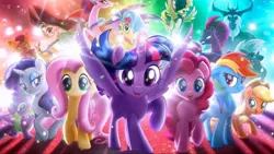 Size: 1280x720 | Tagged: safe, artist:hasbro, derpibooru import, official, applejack, capper dapperpaws, captain celaeno, fluttershy, grubber, pinkie pie, princess skystar, queen novo, rainbow dash, rarity, songbird serenade, spike, storm king, tempest shadow, twilight sparkle, twilight sparkle (alicorn), alicorn, anthro, dragon, earth pony, gryphon, parrot pirates, pegasus, pony, seapony (g4), unicorn, my little pony: the movie, angry, armor, beauty mark, bow, box art, broken horn, cowboy hat, ear piercing, earring, female, flying, hair bow, hat, headworn microphone, horn, jewelry, looking at you, male, mane seven, mane six, mare, merchandise, my little pony logo, piercing, pirate, pirate hat, raised hoof, spread wings, standing, wall of tags, wings, work of art