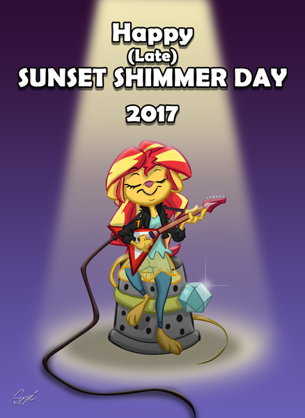 Size: 1208x1654 | Tagged: safe, artist:martonszucsstudio, derpibooru import, sunset shimmer, anthro, mouse, equestria girls, 2017, diamond ring, electric guitar, eyes closed, female, flying v, guitar, micro, mousified, musical instrument, sitting, smiling, solo, species swap, spotlight, sunset shimmer day, sunset shredder, thimble