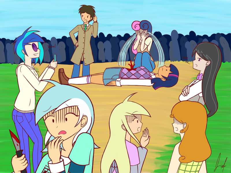 Size: 1280x960 | Tagged: artist:platinum-starz, background six, blood, bon bon, bowtie, carrot top, clothes, coat, crying, dead, denim skirt, derpibooru import, derpy hooves, draw the squad, female, golden harvest, hand over mouth, hoodie, human, humanized, jeans, kneesocks, knife, lyra heartstrings, male, miniskirt, murder, necktie, octavia is not amused, octavia melody, open mouth, pants, phone, sad, semi-grimdark, shirt, shoes, skirt, socks, stabbing, stockings, sunglasses, sweetie drops, thigh highs, twilight sparkle, unamused, vest, vinyl scratch, vinyl's glasses, winged humanization, wings, x eyes