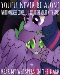 Size: 639x797 | Tagged: safe, artist:dsana, derpibooru import, edit, editor:undeadponysoldier, spike, twilight sparkle, twilight sparkle (alicorn), alicorn, dragon, pony, comforting, crying, female, hug, male, mama twilight, mare, sad, skillet (band), song reference, spikelove, whispers in the dark, winghug, word art