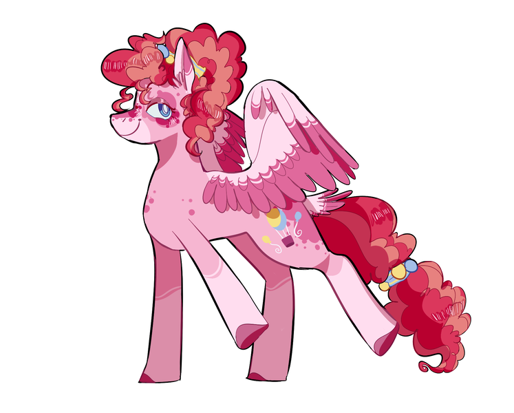 Size: 1870x1502 | Tagged: safe, artist:corporalvortex, derpibooru import, part of a set, pinkie pie, pegasus, pony, leak, spoiler:g5, alternate cutie mark, alternate design, alternate hairstyle, coat markings, colored hooves, colored wings, cute, dancing, diapinkes, female, g5, happy, mare, pegasus pinkie pie, pinkie pie (g5), ponytail, race swap, simple background, smiling, socks (coat marking), solo, tail feathers, two toned mane, white background, wings