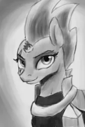 Size: 867x1300 | Tagged: safe, artist:tak_kuroneko, artist:tkuroneko, derpibooru import, tempest shadow, pony, broken horn, bust, eye scar, female, grayscale, horn, looking at you, mare, monochrome, portrait, scar, solo