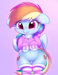 Size: 2000x2600 | Tagged: safe, artist:heavymetalbronyyeah, derpibooru import, rainbow dash, pegasus, pony, semi-anthro, :p, belly button, blushing, both cutie marks, cheek fluff, chest fluff, clothes, cute, daaaaaaaaaaaw, dashabetes, ear fluff, featureless crotch, female, floppy ears, hnnng, hoodie, leg fluff, mlem, pink background, sexy, silly, simple background, socks, solo, spread wings, standing, striped socks, stupid sexy rainbow dash, thighs, tongue out, wide hips, wing fluff, wings