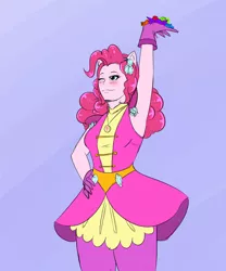 Size: 2500x3000 | Tagged: safe, artist:albertbm, derpibooru import, pinkie pie, equestria girls, armpits, blushing, candy, clothes, crystal guardian, cute, diamond, diapinkes, female, food, geode of sugar bombs, gloves, magical geodes, one eye closed, ponied up, simple background, solo, wink