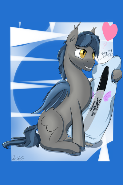 Size: 2000x3000 | Tagged: safe, artist:wilshirewolf, derpibooru import, oc, oc:sharpie fume, bat pony, pony, absurd resolution, body pillow, grin, heart, m.a. larson, male, sharpie, simple background, smiling, stallion