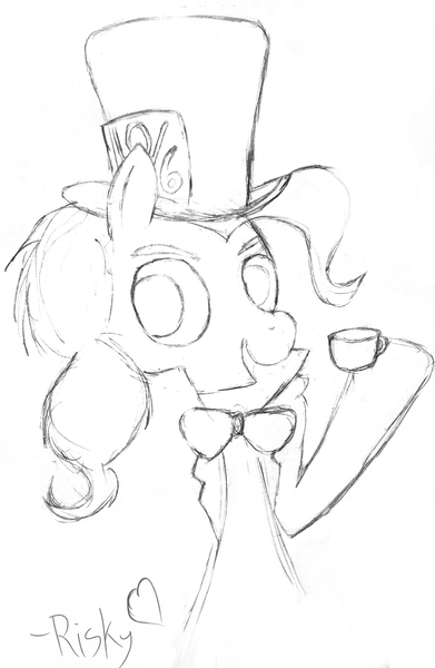 Size: 2952x4534 | Tagged: safe, artist:riskypony, derpibooru import, pinkie pie, earth pony, pony, bowtie, cup, hat, hoof hold, mad hatter hat, monochrome, open mouth, smiling, solo, teacup, top hat