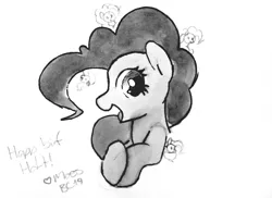 Size: 4034x2940 | Tagged: safe, artist:masserey, derpibooru import, pinkie pie, earth pony, pony, clones, dialogue, female, mare, micro, monochrome, open mouth, smiling
