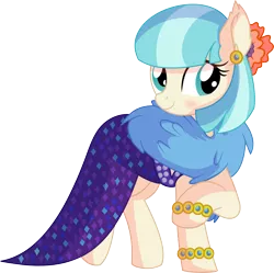 Size: 6618x6582 | Tagged: safe, artist:cyanlightning, derpibooru import, coco pommel, fluttershy, earth pony, pony, viva las pegasus, .svg available, absurd resolution, blushing, bracelet, clothes, cocobetes, cute, dress, ear fluff, ear piercing, female, impossibly rich, jewelry, mare, piercing, simple background, smiling, solo, transparent background, vector
