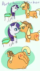 Size: 1080x1920 | Tagged: suggestive, artist:claudeus, derpibooru import, applejack, rarity, earth pony, pony, unicorn, belly, belly bed, big belly, boop, clothes, comic, dialogue, dress, female, fetish, huge belly, impossibly large belly, lesbian, meme, mondegreen, noseboop, predajack, rarijack, rariprey, same size vore, scrunchy face, shipping, vore