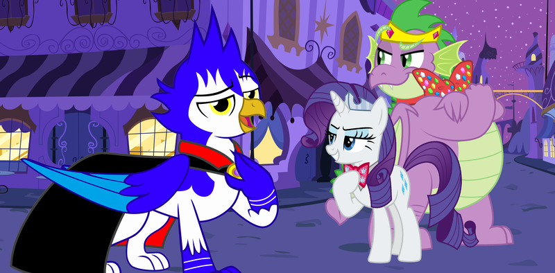 Size: 7496x3688 | Tagged: safe, artist:aleximusprime, artist:chrzanek97, artist:disneymarvel96, artist:phantomtail916, derpibooru import, edit, vector edit, rarity, spike, oc, gryphon, adult, adult spike, bowtie, brooch, canterlot, cape, clothes, crown, fat spike, female, griffon oc, jewelry, male, night, older, older spike, regalia, tiara, vector