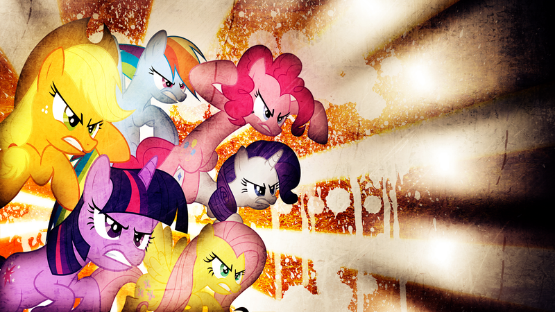 Size: 1920x1080 | Tagged: safe, artist:joemasterpencil, artist:tygerxl, derpibooru import, edit, applejack, fluttershy, pinkie pie, rainbow dash, rarity, twilight sparkle, earth pony, pegasus, pony, unicorn, grunge, mane six, photoshop, unicorn twilight, wallpaper, wallpaper edit