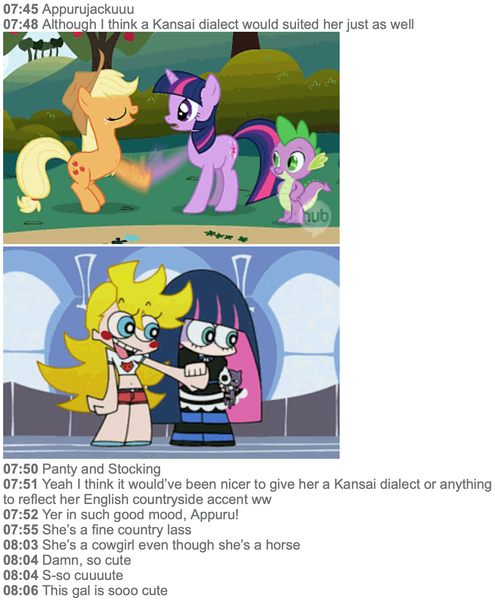 Size: 1434x1738 | Tagged: safe, derpibooru import, edit, edited screencap, screencap, applejack, spike, twilight sparkle, unicorn, friendship is magic, anarchy panty, anarchy stocking, panty anarchy, panty and stocking, panty and stocking with garterbelt, stocking anarchy, unicorn twilight, what japan thinks of mlp