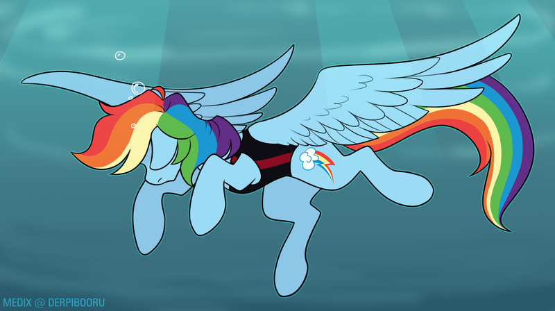 Size: 2500x1400 | Tagged: semi-grimdark, artist:medix, derpibooru import, rainbow dash, pegasus, pony, asphyxiation, bubble, clothes, commission, drowning, female, imminent death, light rays, ocean, one-piece swimsuit, solo, swimsuit, unconscious, underwater