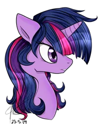 Size: 700x800 | Tagged: safe, artist:emptyfaze, derpibooru import, twilight sparkle, pony, alternate hairstyle, bust, female, floppy ears, mare, simple background, solo, transparent background