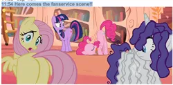 Size: 1456x714 | Tagged: safe, derpibooru import, screencap, fluttershy, pinkie pie, rarity, twilight sparkle, pony, bridle gossip, butt, fanservice, flutterbutt, plot, what japan thinks of mlp