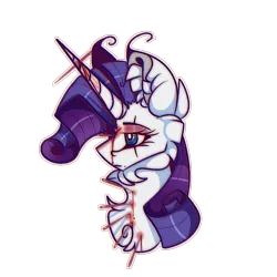 Size: 894x894 | Tagged: semi-grimdark, artist:scottiepaws, derpibooru import, rarity, pony, unicorn, big ears, blood, bust, chest fluff, ear fluff, eye scar, female, impalement, injured, lidded eyes, mare, needle, pixel art, scar, simple background, solo, transparent background