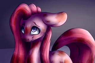 Size: 1024x683 | Tagged: semi-grimdark, artist:immagoddampony, artist:melly-fox, derpibooru import, pinkie pie, earth pony, pony, abstract background, big ears, blood, blood splatter, collaboration, female, implied murder, looking up, mare, open collaboration, pinkamena diane pie, solo