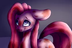 Size: 1024x683 | Tagged: semi-grimdark, artist:immagoddampony, artist:melly-fox, derpibooru import, pinkie pie, earth pony, pony, abstract background, big ears, blood, blood splatter, collaboration, female, implied murder, looking up, mare, open collaboration, pinkamena diane pie, solo