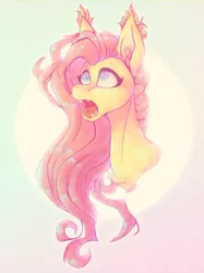 Size: 774x1033 | Tagged: safe, artist:immagoddampony, artist:melly-fox, derpibooru import, fluttershy, bat pony, pony, abstract background, bat ponified, bust, chest fluff, collaboration, ear fluff, fangs, female, flutterbat, looking up, mare, open collaboration, open mouth, race swap, solo