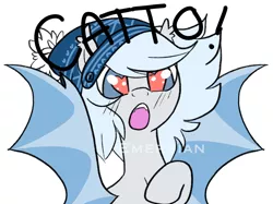 Size: 2048x1535 | Tagged: safe, artist:emersian, derpibooru import, oc, oc:silver puff, oc:snow puff, bat pony, pony, bat pony oc, bat wings, beanie, cute, hat, heart eyes, open mouth, raised hoof, simple background, solo, speech, spread wings, talking, watermark, white background, wingding eyes, wings