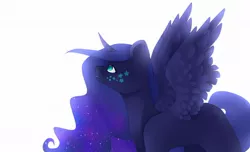 Size: 1024x621 | Tagged: safe, artist:chibuuuowo, derpibooru import, princess luna, alicorn, pony, beauty mark, curved horn, ethereal mane, female, galaxy mane, horn, looking up, mare, missing accessory, missing cutie mark, simple background, solo, spread wings, starry mane, white background, wings