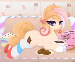 Size: 6075x5000 | Tagged: safe, alternate version, artist:xsatanielx, derpibooru import, oc, oc:laurie magmel, unofficial characters only, earth pony, pony, clothes, coffee, coffee mug, commission, cookie, female, food, looking at you, mare, mug, prone, rcf community, socks, solo, striped socks