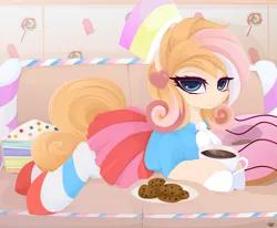 Size: 6075x5000 | Tagged: safe, alternate version, artist:xsatanielx, derpibooru import, oc, oc:laurie magmel, unofficial characters only, earth pony, pony, beautiful, chocolate, clothes, coffee, coffee mug, commission, cookie, female, food, hat, hot chocolate, looking at you, mare, mug, pleated skirt, prone, rcf community, skirt, socks, solo, striped socks, thigh highs