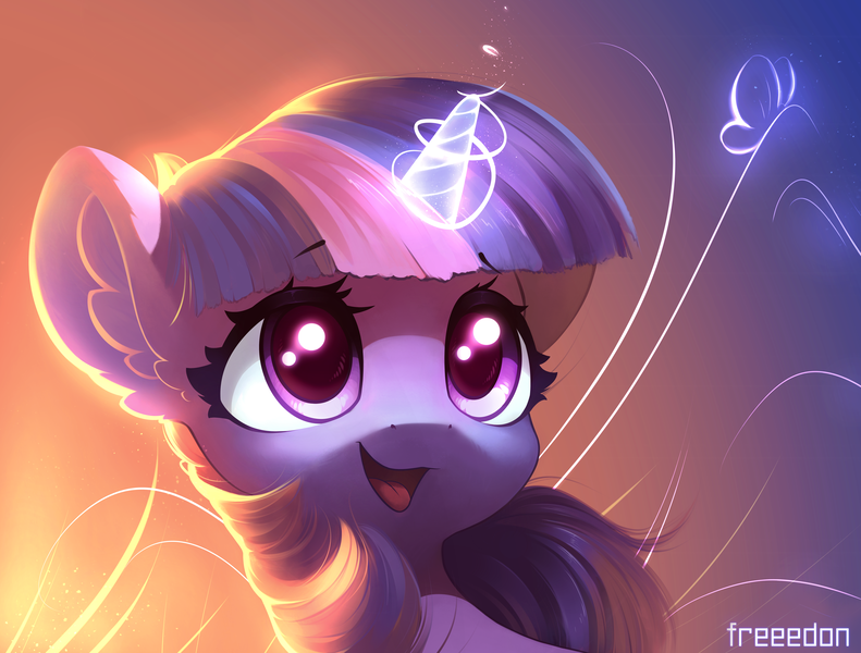 Size: 6537x4961 | Tagged: safe, artist:freeedon, derpibooru import, twilight sparkle, pony, absurd resolution, background light, bust, cute, ear fluff, female, glowing horn, horn, magic, mare, portrait, smiling, solo, twiabetes, wallpaper