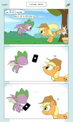 Size: 2550x4274 | Tagged: safe, artist:loreto-arts, derpibooru import, applejack, spike, dragon, pony, ..., apple, applebucking, comic, drool, duo, food, iphone, pun, shipping, tree, visual pun, wat, winged spike