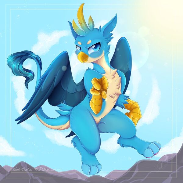 Size: 1024x1024 | Tagged: safe, artist:silent-shadow-wolf, derpibooru import, gallus, gryphon, cheek fluff, chest fluff, cloud, flying, looking at you, male, mountain, paws, smiling, solo, talons