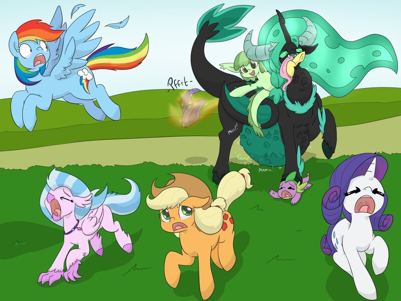 Size: 1280x960 | Tagged: questionable, semi-grimdark, artist:dudey64, derpibooru import, applejack, fluttershy, rainbow dash, rarity, silverstream, spike, oc, oc:mint chisel, oc:speculo, changeling, classical hippogriff, hippogriff, pony, changelings eating ponies, clothes, fart, fart noise, fetish, green changeling, hat, implied trixie, onomatopoeia, oral vore, sound effects, trixie's hat, vore