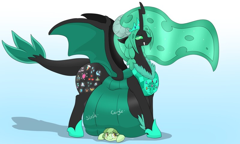 Size: 1280x768 | Tagged: absorption, artist:dudey64, belly, big belly, butt, changeling, cutie mark theft, derpibooru import, digestion, fat, fetish, green changeling, grimdark, huge belly, huge butt, implied applejack, implied death, implied digestion, implied fluttershy, implied gallus, implied mane six, implied ocellus, implied pinkie pie, implied rainbow dash, implied rarity, implied sandbar, implied silverstream, implied smolder, implied spike, implied starlight glimmer, implied student six, implied trixie, implied twilight sparkle, implied vore, implied yona, impossibly large belly, impossibly large butt, large butt, oc, oc:mint chisel, oc:speculo, plot, post-vore, questionable, stolen cutie marks, the ass was fat, unofficial characters only, vore, weight gain
