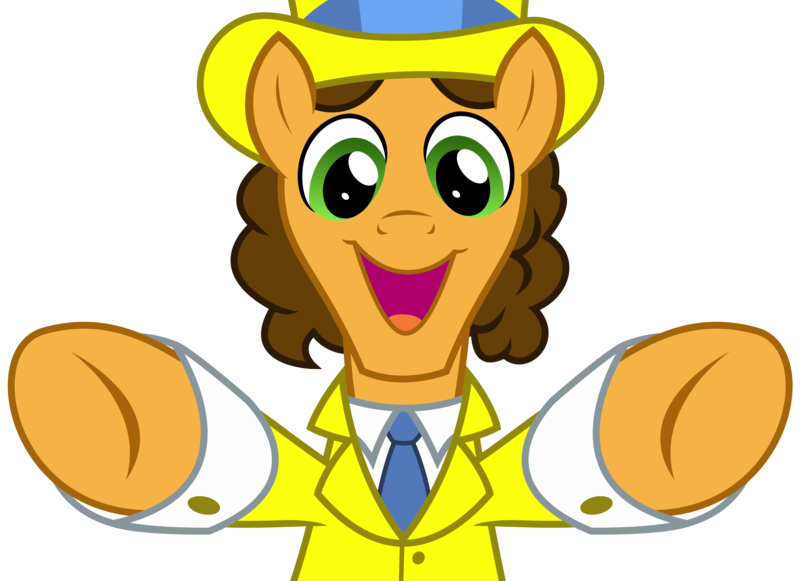 Size: 4650x3375 | Tagged: safe, artist:sketchmcreations, derpibooru import, cheese sandwich, pony, the last laugh, clothes, hat, looking at you, male, necktie, open mouth, outstretched arms, simple background, smiling, stallion, suit, top hat, transparent background, vector