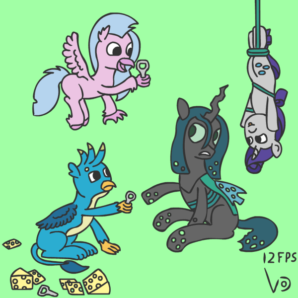 Size: 800x800 | Tagged: safe, artist:vohd, derpibooru import, gallus, queen chrysalis, rarity, silverstream, changeling, changeling queen, classical hippogriff, gryphon, hippogriff, pony, unicorn, angry, animated, cheese, female, flying, food, frame by frame, queen swissalis, simple background, sitting, teasing, tied up, tools